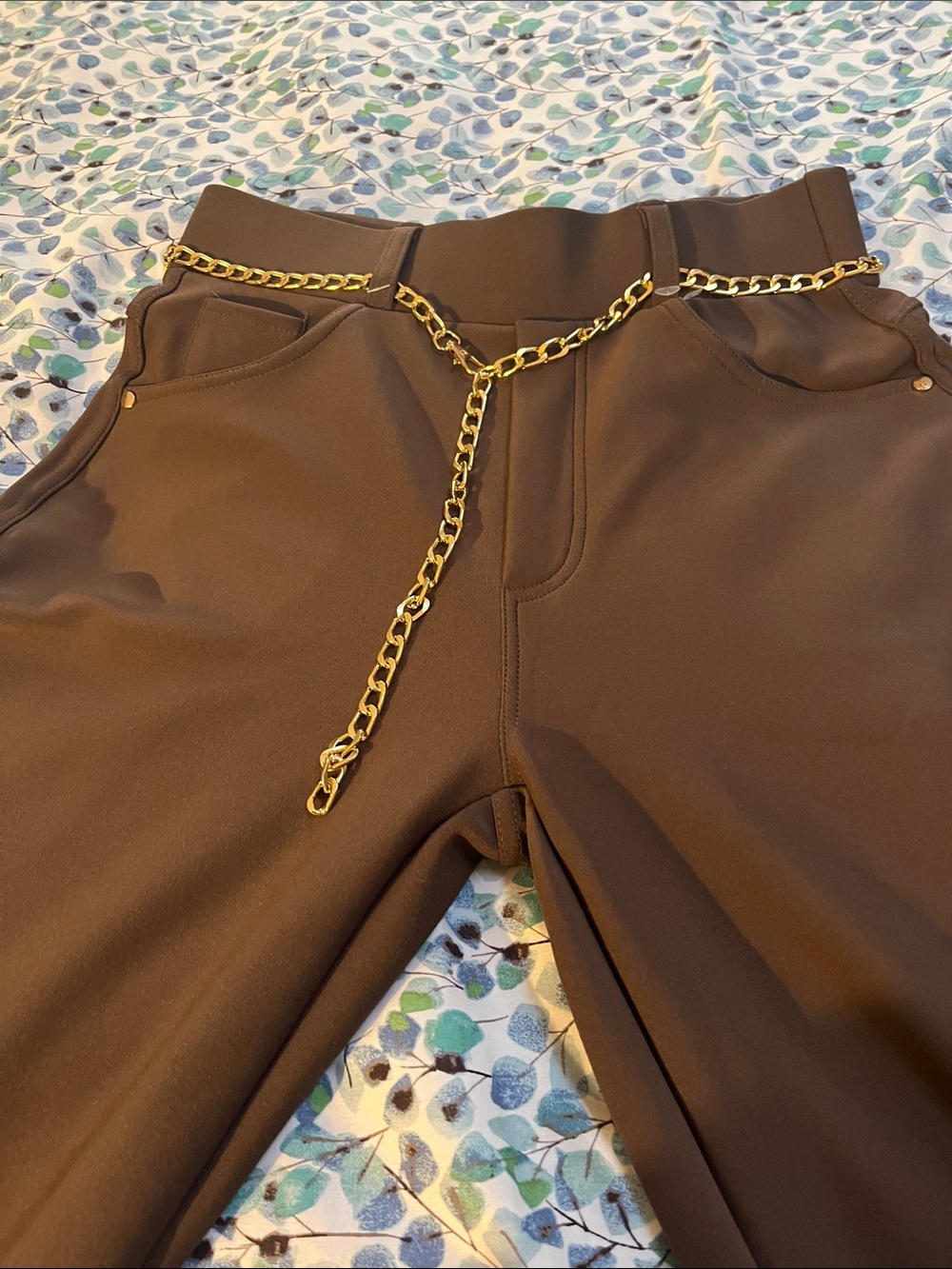 Brown Women's Slim Jogger Pants with Gold Chain Accent